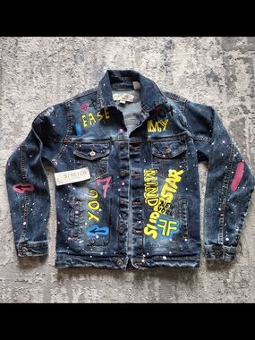 NEW Evolution In Design Youth Size L 14-16 Denim Jacket Colorful Graffiti Print